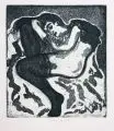Jürgen Wenzel, Weiblicher Akt mit Strümpfen, schlafend / Weiblicher Halbakt mit erhobenen Armen / Weiblicher Halbakt en face, 1997, Farbaquatinta auf Büttenkarton