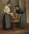 Rudolf Gudden, Zwei Wäscherinnen am Zuber. Wohl Frühes 20. Jh, Öl auf Malpappe