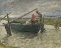 Friedrich Wilhelm Heyser, Friedrich Wilhelm Theodor Heyser, Junges Fischerpaar beim Durchfahren einer Hallig-Brücke. Wohl um 1900, Öl auf Leinwand