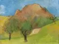 Heinrich Burkhardt, Hügelige Frühlingslandschaft. Wohl 1960er Jahre, Öl auf Malpappe