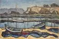 Otto Kühl, Küstenlandschaft mit Fischerbooten. Wohl um 1950, Öl auf Hartfaser
