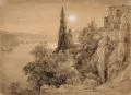 (oder nach), Blick auf den Nemisee bei Rom im Mondschein by Heinrich Louis Theodor Gurlitt, 1860, Bleistiftzeichnung und Kohlestift auf braunem Papier, offered Dec 2021