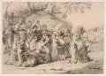 F. Voigt, Prozession, 1865, Federzeichnung in Tusche über Blei auf ockerfarbenem Papier, vollflächig auf Untersatzpapier kaschiert