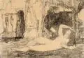 Hans Unger, Liegender weiblicher Akt, Um 1910/1911, Kohlestiftzeichnung auf festem, gelblichem Papier mit Leinwandstruktur