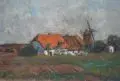 Marie Hechel, Fünf Ansichten von Worpswede und Norddeutschland. Um 1910– 1920, Verschiedene Techniken. a) Zwei Bauernhäuser mit Windmühle bei Worpswede