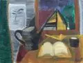 Peter Hofmann, Stilleben mit Gießkanne, Buch und Pfeife, 1995, Öl auf Hartfaser