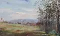 Elsa Sturm-Lindner, Sächsische Landschaft mit Gehöft. Wohl 1950er Jahre, Öl auf Leinwand