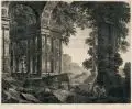 Daniel Lerpinière, Italienische Ruinen mit Figurenstaffage / Italienische Ruinen mit Fluss und Boot, 1781, Kupferstiche nach John Taylor