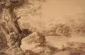 Adrian Zingg, (Schule), Idealisierte Gebirgslandschaft an einem See mit Burg. Spätes 18. Jh, Feder- und Pinselzeichnung, in Sepia laviert, auf braunem Papier
