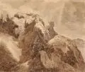 Samuel Friedrich Diez, Mittelgebirgslandschaft. Mitte 19. Jh, Bleistiftzeichnung, laviert in Braun auf "J Whatman"-Papier