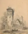 Heinrich Gärtner, Stadtmauer mit Türmen, im Hintergrund eine Burg, 1865, Bleistiftzeichnung