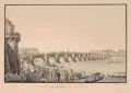 Johann Carl August Richter, Die Dresdner Brücke gegen Morgen, Um 1830, Umrissradierung, altkoloriert, auf Bütten