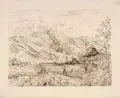 Carl Wagner, (zugeschr.), Gebirgslandschaft, Um 1845, Federzeichnung in brauner Tusche auf Bütten, mit Einfassungslinien in Blei