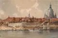 Otto Wagner, Dresden – Brühlsche Terrasse mit Frauenkirche / Kleinstadt mit Fachwerkhäusern und Brücke. 1850er Jahre, Aquarell auf Karton / Federzeichnung in Tusche über Blei