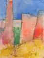 Heinrich Burkhardt, Landschaft mit roter Architektur, 1982, Aquarell und Kugelschreiberzeichnung auf Bütten