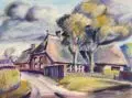 Norddeutsche Bauernhäuser / Fischerhütten in den Dünen / Fischerhütten vor Windflüchtern by Mathias Hansen, 1981, Aquarelle auf festem Papier. "Bauernhäuser vor Landschaft" innerhalb der Darstellung u.re. in Aquarell signiert "HANSEN", offered Sep 2021