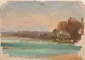 A.P. Lear, Bewaldete Landschaft mit See, 1861, Öl auf Malpappe, vollflächig auf Karton kaschiert