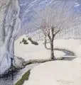 Max Felgentreu, Verschneiter Bachlauf, 1924, Öltempera und Gouache auf Pappe