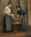 Rudolf Gudden, Zwei Wäscherinnen am Zuber. Wohl Frühes 20. Jh, Öl auf Malpappe