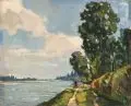 Alice Sommer, Sommerliche Landschaft (Elbe mit Blick auf die Albertbrücke?). Wohl 1930er/1940er Jahre, Öl auf Leinwand, vollflächig auf Holzplatte kaschiert