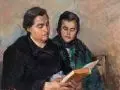 Johannes Kühl, Mutter und Tochter, lesend. Wohl 1950er/1960er Jahre, Öl auf Leinwand
