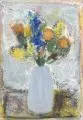 Maria Laufer-Herbst, Stillleben mit Blumenvase, 1996, Öl oder Acryl über Fettkreiden (?) auf Papier