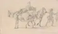 Samuel Gránicher, Reitergruppe / Beim Hufschmied / Raubvogel und Hühnergruppe, Um 1800, Bleistiftzeichnungen