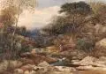 William James Callcott, Felsiges Gewässer in bewaldeter, schottischer Berglandschaft. Mitte 19. Jh, Aquarell auf kräftigem Papier