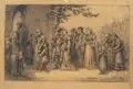 Ernst Dannhauer, Kirchgang im Frühling, 1879/1880, Kohlestiftzeichnung auf braunem Papier