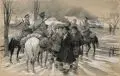 Otto Gerlach, Kriegsszene am Dorfrand. 2. H. 19. Jh, Aquarell über Bleistift, weiß gehöht auf Papier, vollflächig auf Karton kaschiert