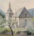 Ernst Erwin Oehme, (zugeschr.), Kirche in Bad Gottleuba / Kirchmauer. 2. H. 19. Jh, Aquarelle auf Bütten