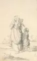 Friedrich von Olivier, (zugeschr.), Römerin mit ihren Kindern / Mutter mit ihren Kindern an der italienischen Küste. 1820er Jahre, Bleistiftzeichnungen auf Karton