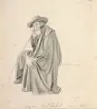 Carl Gottlieb Peschel, Römischer Landmann mit Hut, Umhang und Wanderstock, 1826, Federzeichnung in Tusche, laviert auf Bütten