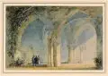 William Henry Pyne, (zugeschr.), Reisende in einer sonnendurchfluteten Abteiruine. 1. Viertel 19. Jh, Aquarell