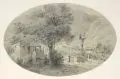 August Reinhardt, Oberitalienische Landschaft mit Bauerngehöft. Spätes 19. Jh, Bleistiftzeichnung auf grün getöntem "Preller"-Papier (oval), partiell geritzt und sparsam weiß gehöht