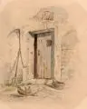 August Richter, (zugeschr.), Scheunentür. Mitte 19. Jh, Aquarell auf ockerfarbenem Papier