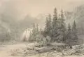 Theodor Verhas, (zugeschr.), Alpine Flußlandschaft. Mitte 19. Jh, Federzeichnung in Tusche, laviert, auf leichtem Karton