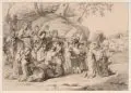 F. Voigt, Prozession, 1865, Federzeichnung in Tusche über Blei auf ockerfarbenem Papier, vollflächig auf Untersatzpapier kaschiert