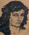 Hans Unger, Frauenporträt, en face mit schulterlangem Haar, Lithografie auf braunem Papier