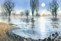 Leonore Adler, November an der Elbe, 2016, Farbige Tusche und Acryl auf "Hahnemühle"-Bütten