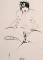 Norbert Wientzkowski, Sitzender weiblicher Akt en face, 1997, Pinselzeichnung in schwarzer Tusche auf strukturiertem, hellgrauen Papier