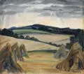 Richard Birnstengel, Landschaft im Getreidehocken bei Dresden, 1923, Öl auf Malpappe