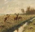 Emil Rieck, Wiese mit Rotwild am Bachlauf. Anfang 20. Jh, Öl auf Leinwand