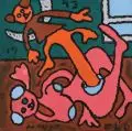 Richard Mansfeld, Die Wandlungen des Teddy-Bären – Marihä Verkündigunk, 1993, Acryl und Assemblage auf textilem Gewebe