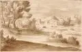 Giovanni Francesco Grimaldi, (zugeschr.)., Italienische Flusslandschaft mit einer Stadt in der Ferne. Wohl Mitte 17. Jh, Federzeichnung in brauner Tusche, laviert auf Bütten