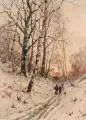 Richard Henri Fehdmer, Reisigsammler in winterlichem Wald bei Antwerpen, 1892, Aquarell auf Papier, vollflächig auf Untersatzpapier montiert
