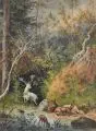 Robert Erbe, Hirschrudel mit weißem Damhirsch am bewaldeten Flusslauf, 1890, Aquarell und Gouache