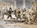 Ernst Albert Fischer-Cörlin, Fehde an der Tafel des venezianischen Dogen. Wohl um 1890– 1900, Gouache über Kohlestift auf chamoisfarbenem "Schoellershammer"-Papier, vollständig auf dünnen Karton kaschiert