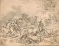 Johann Friedrich Hoff, Stierjagd. 2. H. 19. Jh, Bleistiftzeichnung, laviert, auf Papier, vollflächig auf Karton kaschiert