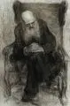 Hans Thoma, Deutscher Zeichner, Bildnis Hans Thoma im Ohrensessel (?), Um 1920, Kohlestiftzeichnung auf bläulichem Bütten
